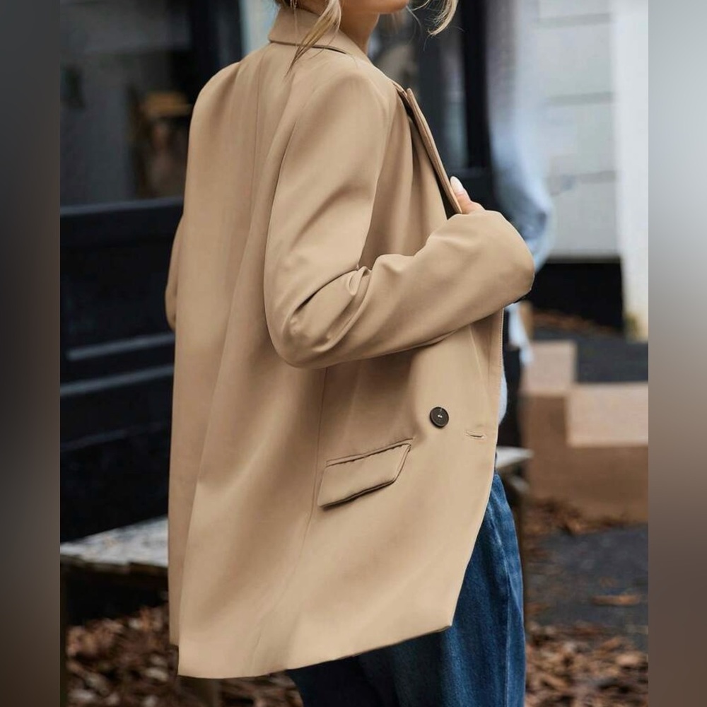 Modichic Beige Double Breasted Blazer Oversized Chic Fall Coat - Picture 3 of 6